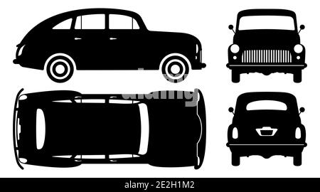 Oldtimer Silhouette auf weißem Hintergrund. Fahrzeugsymbole Ansicht von der Seite, vorne, hinten, oben Stock Vektor