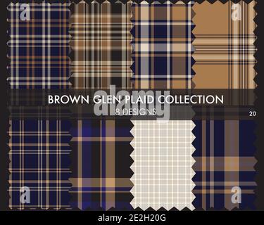 Braune Glen Plaid Tartan nahtlose Musterkollektion enthält 8 Designs Für Modetextilien und Stock Vektor
