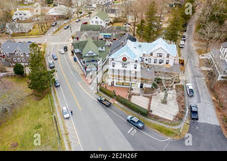 Luftaufnahme des Chequit in Renovierung und Umgebung in Shelter Island Heights, Shelter Island, NY Stockfoto