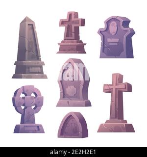 Friedhof Grabsteine, Friedhofsgebäude, geknackt Stein Kreuz, Säule und Mausoleum Grab mit RIP-Signatur und alte Denkmäler isoliert auf weißem Hintergrund, Cartoon-Vektor-Illustration, Ikonen-Set Stock Vektor