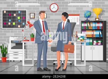 Mann und Frau in Business-Anzügen mit Tasche und Laptop schütteln die Hände. Beziehungen der Partnerschaft Konzept. Business People Partner Handshake. Erfolgreiche Transaktion, Deal. Flache Vektorgrafik Stock Vektor