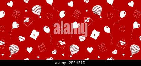 Nahtlose valentinstag-Muster mit weißen Herzen, Ballons, Nachrichten, Geschenk-Boxen auf rotem Hintergrund. Fertige Vorlage für Design, Postkarten, Print, Packa Stock Vektor