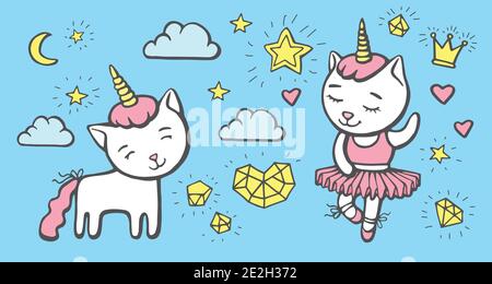 Set von niedlichen und tanzenden Katzen Einhorn mit Horn mit Elementen, Sternen, Wolken, Herzen, Diamanten. Handgezeichnete Vektor-Illustration für T-Shirt-Druck und Stock Vektor
