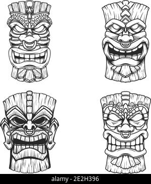 Sет Illustrationen von Tiki Tribal Holzmaske. Gestaltungselement für Logo, Emblem, Schild, Plakat, Karte, Banner. Vektorgrafik Stock Vektor