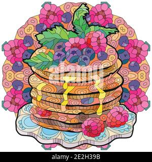 Vector Pfannkuchen mit Himbeeren, Heidelbeeren und Minzblättern auf Mandala. Handgezeichnete Illustration für T-Shirt in zentangle, Doodle Stil. Stock Vektor