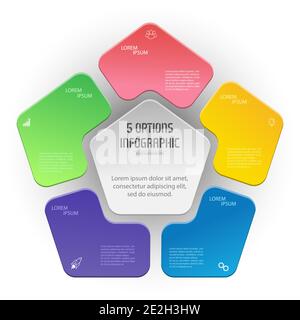 Pentagon-Infografik. Das Dreiecksdiagramm ist in 5 Teile unterteilt. Geschäftsstrategie, Zeitplan für die Projektentwicklung oder Schulungsphasen. Flaches Design. Stock Vektor