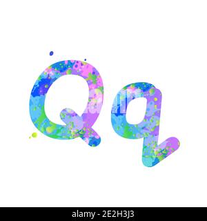 Buchstaben Q Groß- und Kleinschreibung mit Wirkung von flüssigen Farbflecken in blau, grün, rosa Farben, isoliert auf weißem Hintergrund. Dekorationselement für die Gestaltung eines Flyers, Plakats, Deckblattes, Titels. Vektor Stock Vektor
