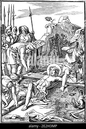 11. Oder 11. Station des Kreuzes oder Kreuzweg oder Via Crucis. Jesus wird an das Kreuz genagelt.Bibel, Neues Testament.Antique Jahrgang biblischen religiösen Gravur oder Zeichnung. Stock Vektor