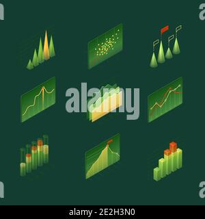 Isometrische Infografiken Diagramme und Diagramme, 3d-Datenanalyse Spalten, Infografik Vektor-Elemente, Finanzinformationen Datum Statistik. Vorlage für Geschäftspräsentation, Bericht oder Website-Design Stock Vektor