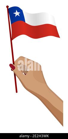 Weibliche Hand hält sanft kleine Chile Flagge. Design-Element Urlaub. Cartoon-Vektor auf weißem Hintergrund Stock Vektor