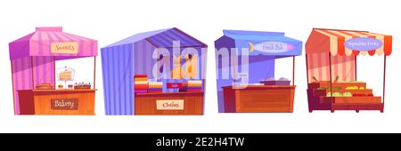 Marktstände, Messestände, Holzkiosk mit gestreifter Markise, Kleidung, Bäckerei und Lebensmittel. Holzverkäuferzähler mit Sonnenschirm für den Straßenhandel. Outdoor-Einzelhandel Platz, isolierte Cartoon-Vektor-Set Stock Vektor