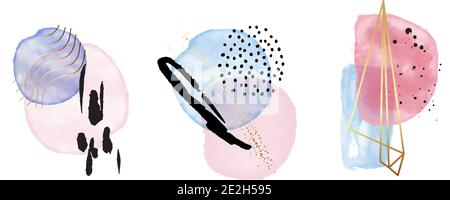 Abstrakte Aquarell geometrische Kreise mit Gold Glitter, minimalistischen rosa blauen Hintergrund. Original Malrahmen für Logo, digitale Aufkleber, Branding Stock Vektor