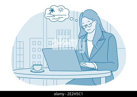 Arbeiten im Büro, Urlaub, Reisekonzept Stock Vektor