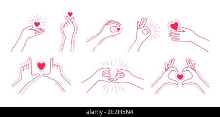 Valentinskarte. Finger Liebe Symbol, Handgesten Liebe, koreanische Herzzeichen. Frau Hände Liebe Symbol minimalistischen Trend. Design für Druck Grußkarten, Poster Vektor Illustration auf weiß Stock Vektor