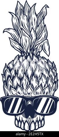 Illustration von Ananas Schädel in Sonnenbrille. Gestaltungselement für Poster, Karte, Banner. Vektorgrafik Stock Vektor