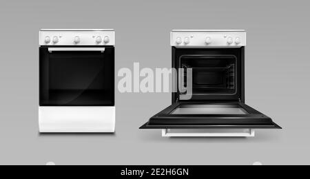 Backofen, elektrische Küchengeräte, offener oder geschlossener Herd mit weißer Farbsicht. Haushaltstechnik mit Schaltern. Home Tech-Ausrüstung isoliert grauen Hintergrund, realistische 3d-Vektor-Illustration Stock Vektor