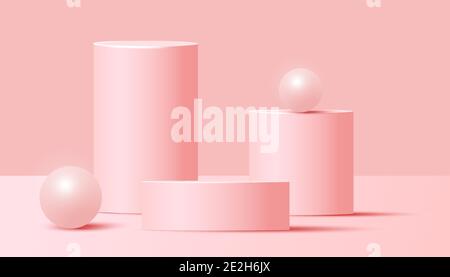 Minimale abstrakte Mock-up-Szene mit Podium oder Plattform, Luft fliegen geometrische Blase Formen auf rosa Hintergrund. Minimale Szene mit geometrischen Formen für die Produktpräsentation. Vektorgrafik Stock Vektor