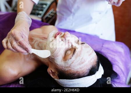 Kosmetologe Anwendung Maske auf das Gesicht des Kunden im Spa-Salon. Wellness-Center. Beruf im Gesundheitswesen Stockfoto
