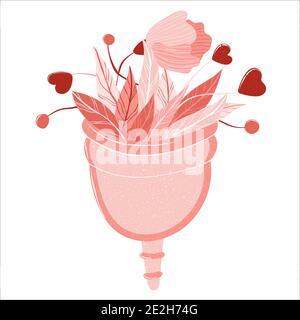 Menstruationstasse mit Blumen und Blättern. Zero Waste Lifestyle. Vektor-Illustration in flachen Cartoon-Stil isoliert auf weißem Hintergrund. Frau Gesundheit Konz Stock Vektor