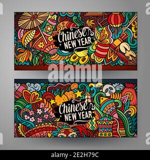 Cartoon niedlich bunte Vektor Hand gezeichnet Kritzeleien Chinesisches Neujahr Banner Stock Vektor