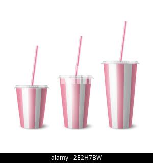 Vector 3d realistische Weiß, Rosa gestreiftes Papier Einweg-Cup-Set, Deckel, Stroh. Getränke, Getränke, Kaffee, Soda, Tee, Cocktail, Milchshake. Design Stock Vektor