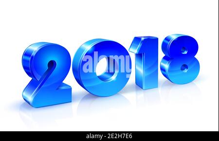 Frohes Neues Jahr 2018. Blau glänzende Zahlen mit Reflexion auf weißem Hintergrund. 3D-Stichvektordarstellung. Stock Vektor