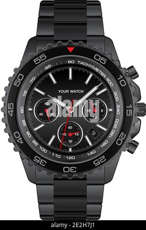Realistische schwarze Stahl Uhr Chronograph auf weißem Hintergrund Design für Männer Luxus-Vektor-Illustration. Stock Vektor