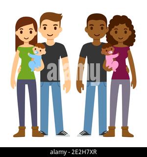 Cute Cartoon junge Paare, Kaukasisch und schwarz, halten neugeborenes Baby. Isolierte Vektor-Clip Art-Illustration. Stock Vektor