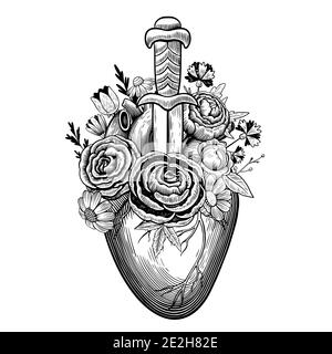 Vintage Illustration des Herzens durchbohrt von Dolch mit Blumen in Tattoo Gravur Stil. Schwarz-Weiß-Vektorzeichnung. Stock Vektor