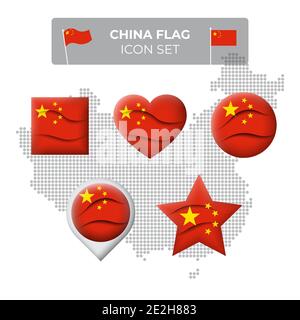 China Flagge Symbole in Form von Quadrat gesetzt, Herz, Kreis, Sterne und Zeiger, Kartenmarkierung. Mosaikkarte von china. Winken im Wind. Chinesische Flagge. Pape Stock Vektor