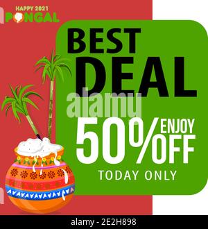 Pongal Festival Best Deal Angebot Banner Design mit 50% Rabatt Angebot, Social Media Post Vorlagen Stock Vektor