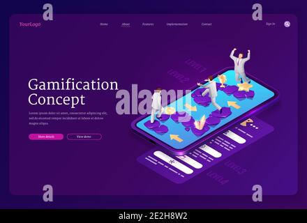 Gamification-Banner. Konzept der Spielstrategie im Geschäfts-und Bildungsprozess, Spaß Online-Herausforderung für Erfolg. Vektor Landing Page der mobilen App für Wettbewerb oder Wettbewerb Stock Vektor