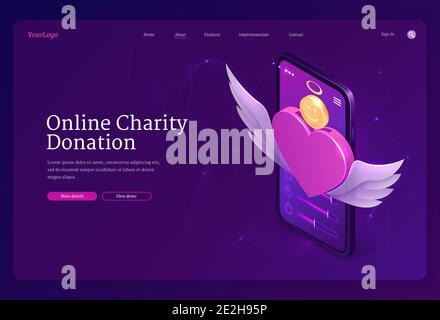 Online Charity Spendenbanner. Mobile App für finanzielle Spenden, Spendenaktionen, Freiwilligenhilfe. Vektor Landing Page des digitalen Dienstes für wohltätige Zwecke mit isometrischem Herz und Geld auf dem Smartphone-Bildschirm Stock Vektor