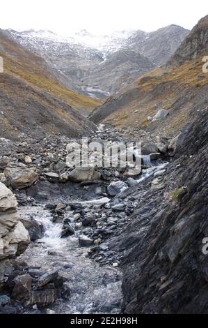 Herbst in den schweizer alpen fließt von den verschneiten Gipfeln ein Gebirgsbach über herbstliche braune Wiesen. Hochwertige Fotos Stockfoto
