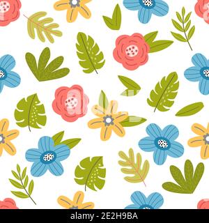 Nahtloses Muster mit blauen, roten, gelben Blüten Stock Vektor