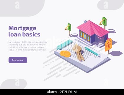 Hypothekendarlehen Grundlagen Landing Page oder Web-Banner. Konzept des Kaufhauses mit Bankkredit, investieren in Immobilien. Immobilien Hypothek mit isometrischen Haus, Geld, Schlüssel, Finanzvertrag oder Vereinbarung. Stock Vektor