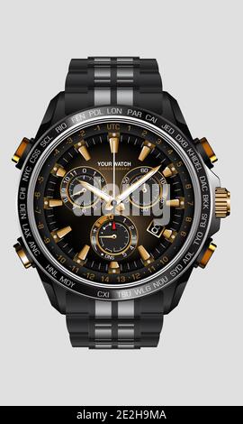 Realistische Uhr Chronograph schwarz Stahl Gold Zahl Luxus auf weißem Hintergrund Design für Männer auf weißem Vektor Illustration. Stock Vektor