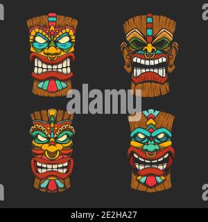 Sет Illustrationen von Tiki Tribal Holzmaske. Gestaltungselement für Logo, Emblem, Schild, Plakat, Karte, Banner. Vektorgrafik Stock Vektor