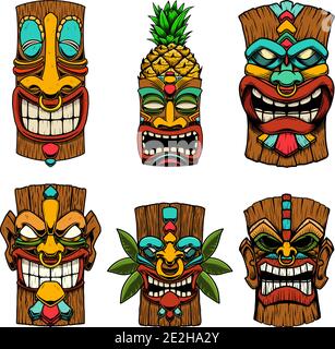 Сет Illustrationen von Tiki Tribal Holzmaske. Gestaltungselement für Logo, Emblem, Schild, Plakat, Karte, Banner. Vektorgrafik Stock Vektor