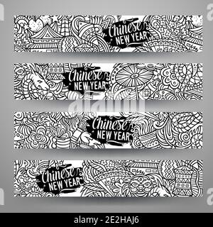 Cartoon niedlichen Vektor Hand gezeichnet Kritzeleien chinesischen Neujahr horizontal Banner Stock Vektor