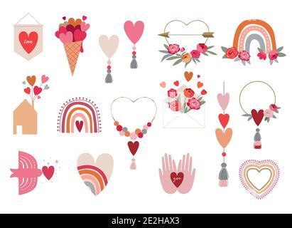 Valentinstag Kollektion mit Illustrationen. Set von modernen flachen Liebe Symbole und Symbole, Herzen, Regenbogen, Dekorationen Stock Vektor