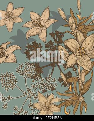 Lilienblumen. Hintergrunddarstellung. Handzeichnung Umriss. Blüte von Gartenpflanzen. Abstraktes Pflanzenbild. Vektor Stock Vektor
