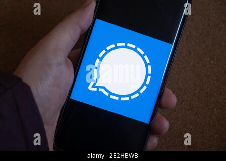 Mobiltelefon mit Signal Messenger App-Logo Stockfoto