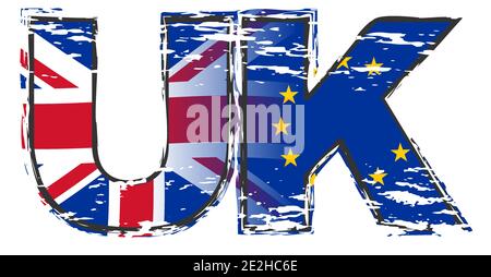 Buchstaben UK mit Union Jack und EU-Flagge darunter, verzweifelter Grunge-Look. Stock Vektor