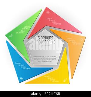 Pentagon-Infografik. Das Dreiecksdiagramm ist in 5 Teile unterteilt. Geschäftsstrategie, Zeitplan für die Projektentwicklung oder Schulungsphasen. Flaches Design. Stock Vektor