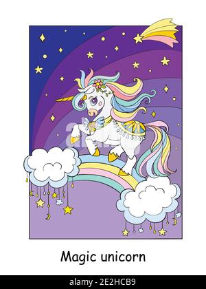 Nettes Einhorn läuft auf Regenbogen in den Nachthimmel. Vektor Cartoon bunte Illustration isoliert auf weißem Hintergrund. Für Druck, Design, Karten, Puzzle, Stock Vektor