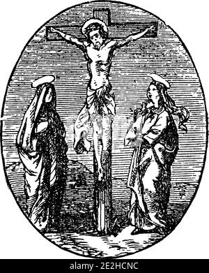 12. Oder 12. Station des Kreuzes oder Kreuzweg oder Via Crucis. Jesus stirbt auf der Cross.Bible, New Testament.Antique Jahrgang biblischen religiösen Gravur oder Zeichnung. Stock Vektor