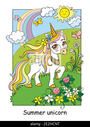 Niedliches Einhorn beim Spaziergang durch eine sommerblühende Wiese. Vektor Cartoon bunte Illustration isoliert auf weißem Hintergrund. Für Druck, Design, Karten, pu Stock Vektor