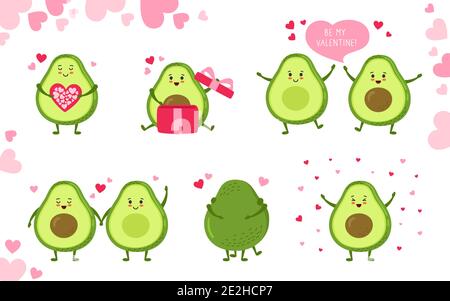 Avocado Zeichentrickfigur Set für Grußkarte Valentinstag. Handgezeichnete lustige niedliche grüne kawaii Avocados mit Herzen Ballon, Geschenk-und Dialog-Sprechblase. Romantische Banner Liebe Vektor Illustration Stock Vektor