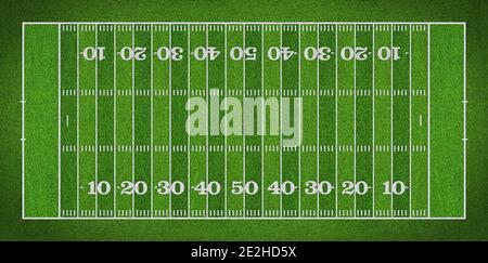 Draufsicht auf Standard-Yard-Größe Layout leer american Football Sportplatz mit echten grünen realistischen Gras und Kopierer Platz. Team Sport Erholung compe Stockfoto